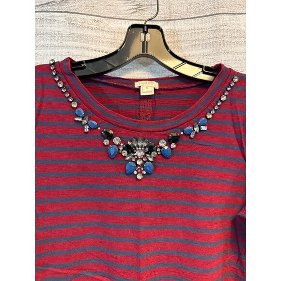 J.Crew Bejeweled Striped Red & Navy 3/4 Sleeve Top Size S - Picture 2 of 3